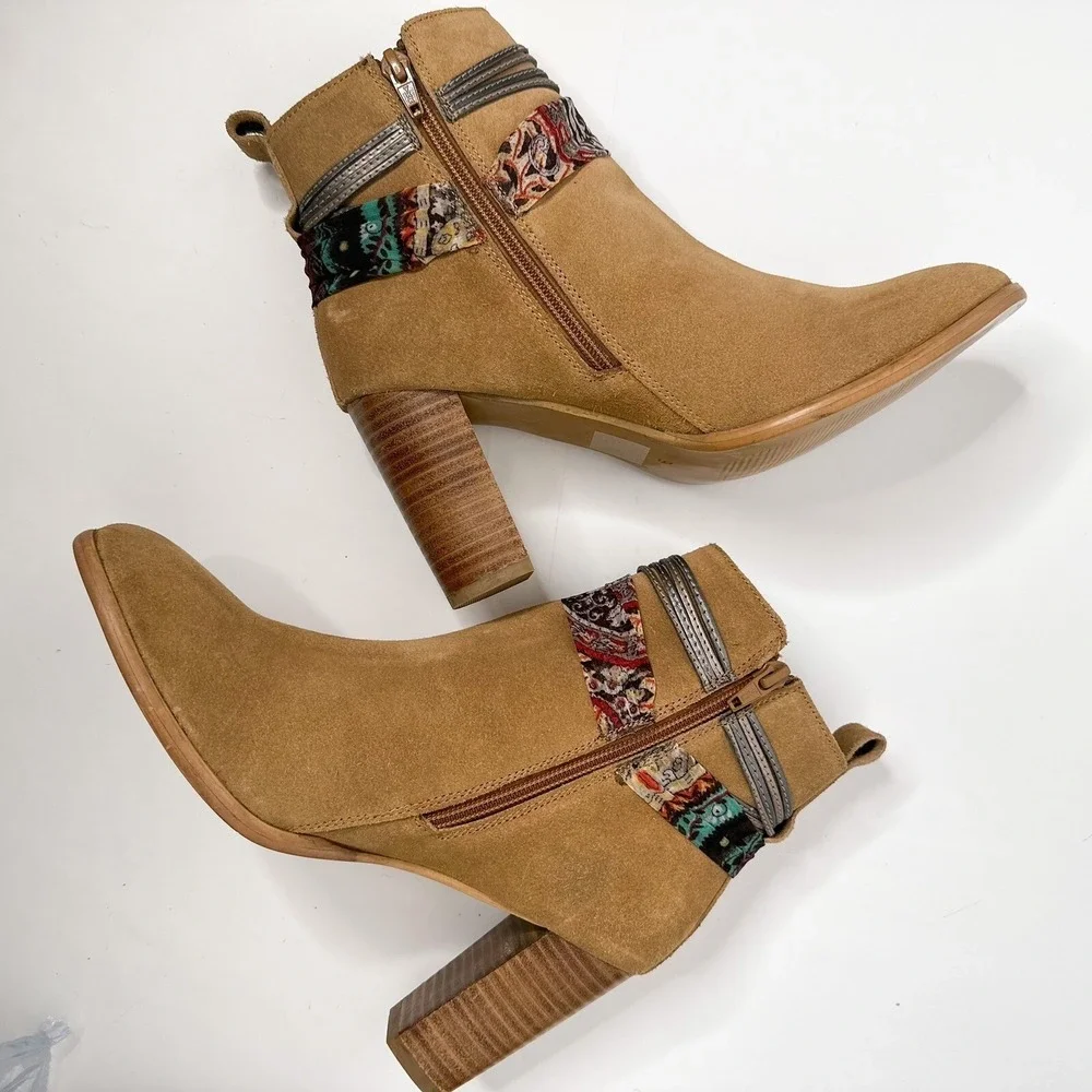 Callisto of California Womens 9‎ Tan Suede Ankle Boots Boho Tassel Block Heel